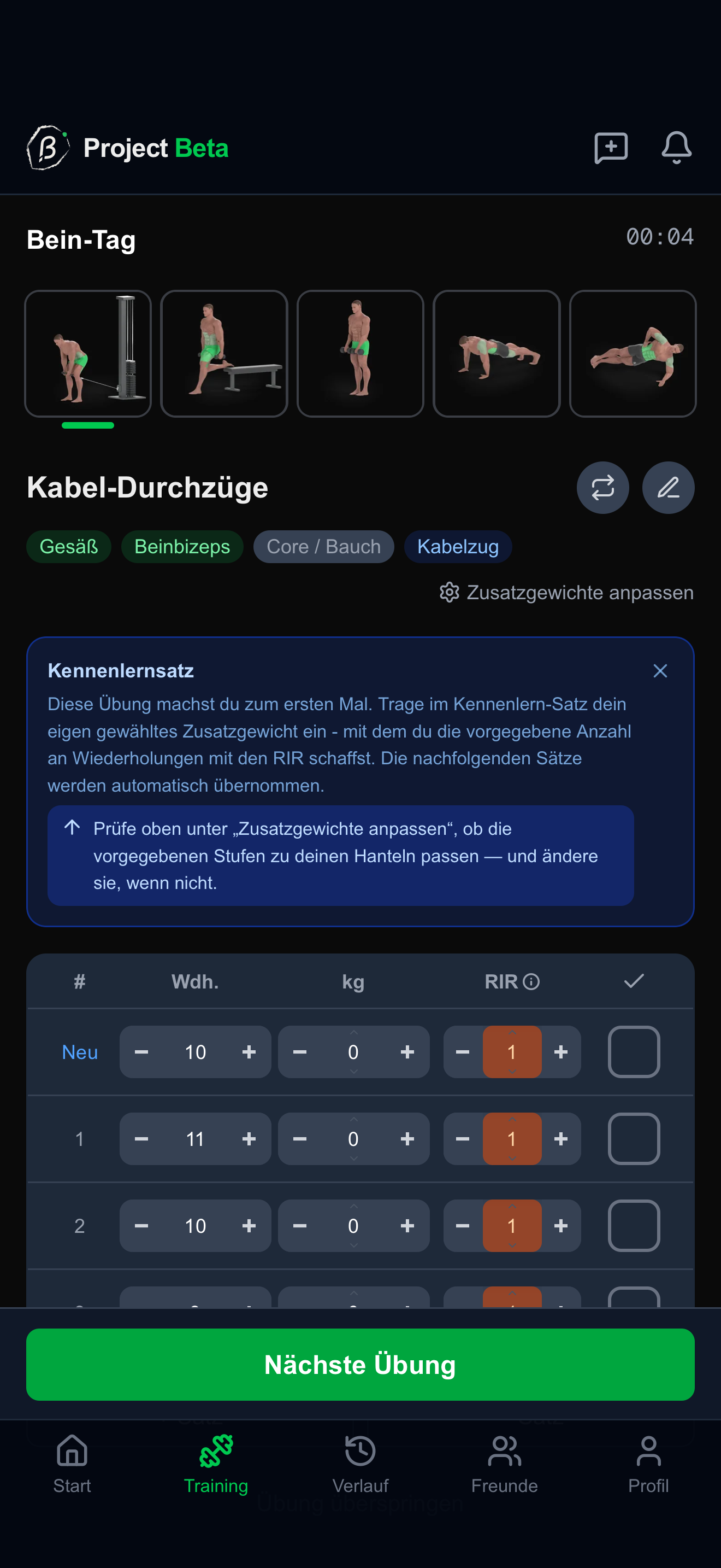 Project Beta: Kraftplan mit animierten Übungen, Sätzen und Gewichten