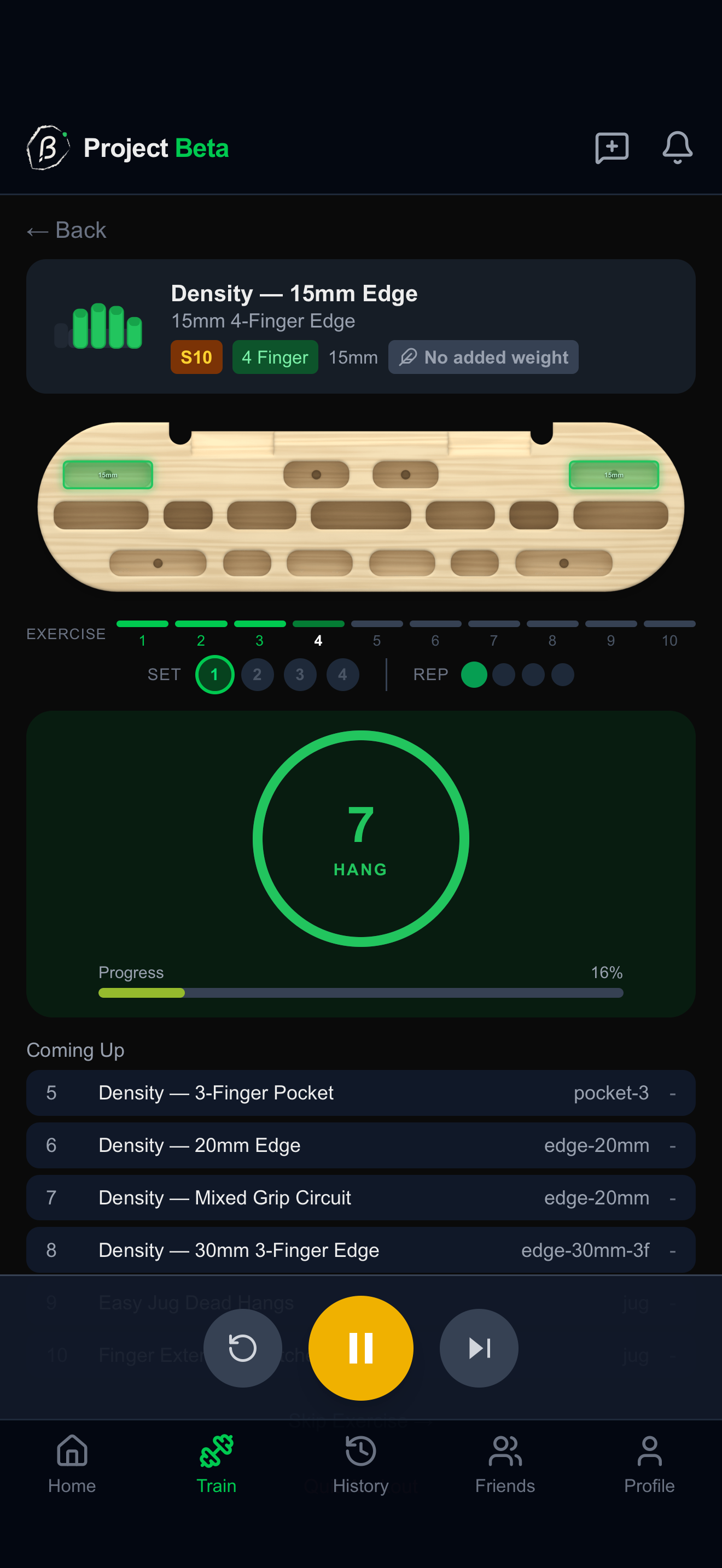 Project Beta: running hangboard workout with highlighted hold, timer and progress