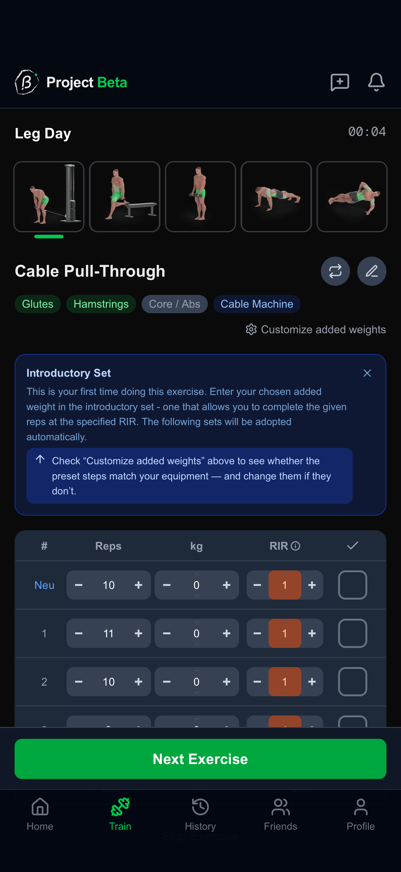 Project Beta: strength plan with animated exercises, sets and weights