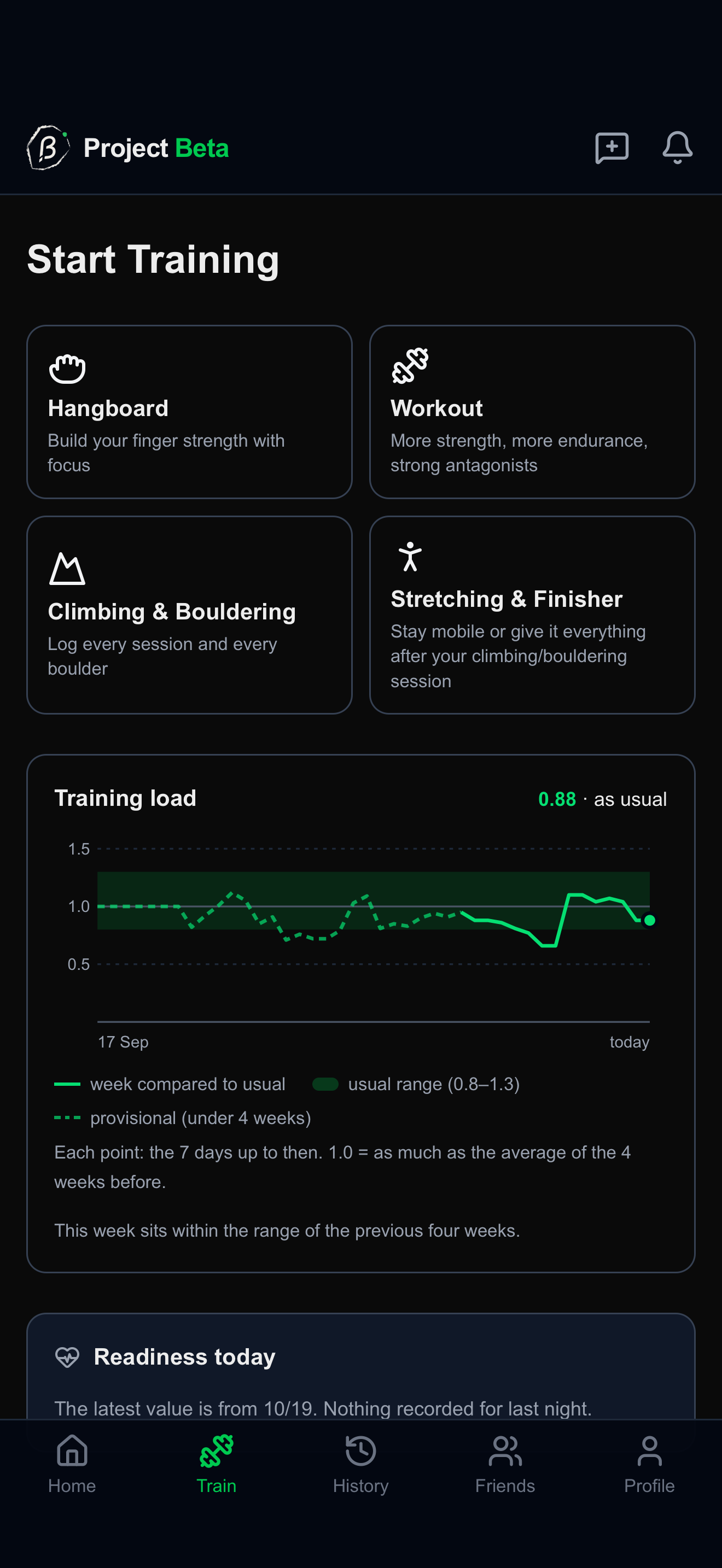 Project Beta: start training screen with training load chart